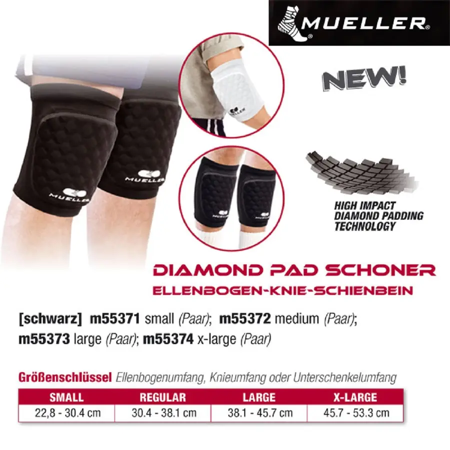MUELLER Diamond Pad Schoner Ellenbogen-Knie-Schienbein paarweise in Schwarz -- 1 Paar